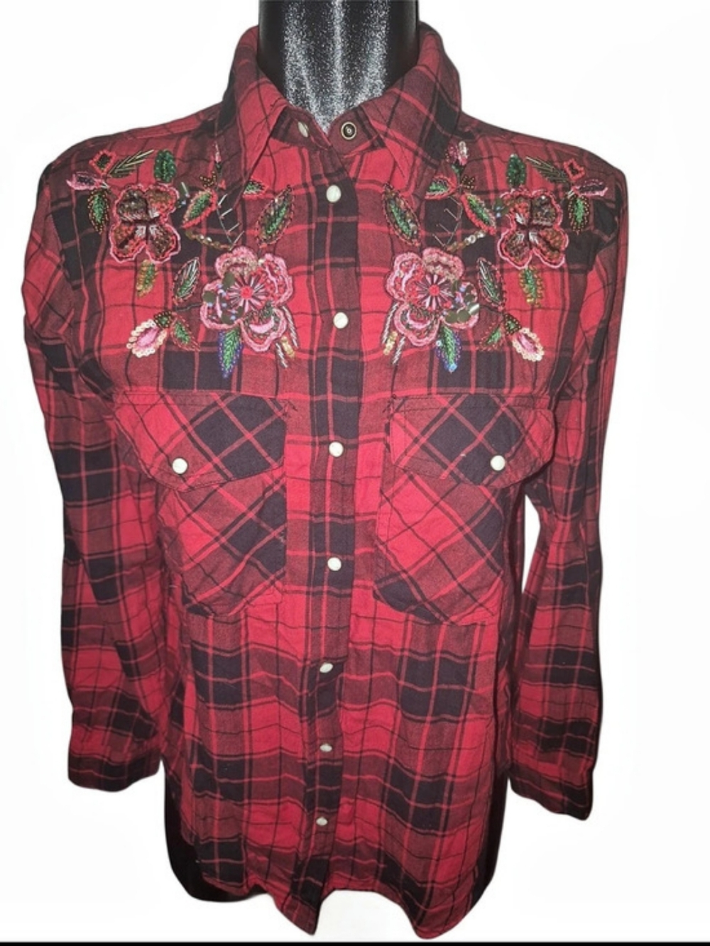 Zara Basic Red And Black Buffalo Plaid Beaded Embroidered Snap Button-up Shirt M